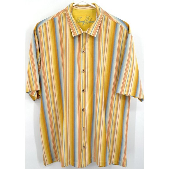 TOMMY BAHAMA Silk Blend Shirt Mens M Striped Button Up Short Sleeve - Picture 1 of 4